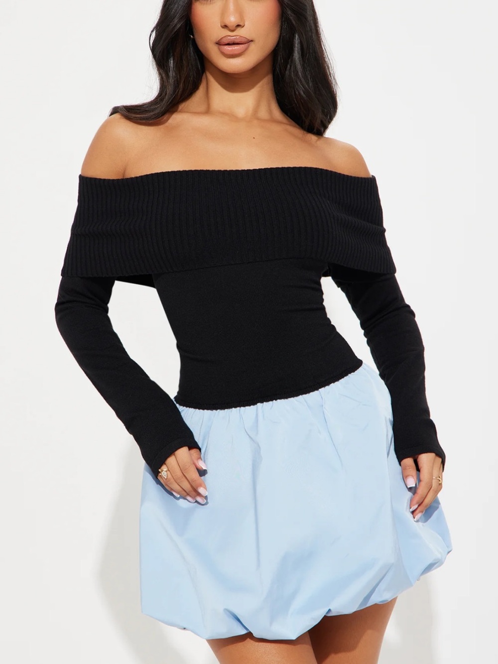 Off-Shoulder Long Sleeve Black Sweater DRESS